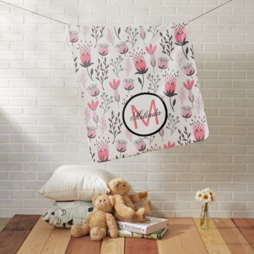 Pink Floral Monogram Baby Girl Baby  Baby Blanket