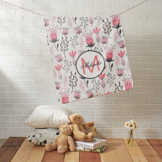 Pink Floral Monogram Baby Girl Baby Blanket (In Situ)