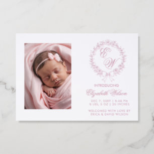 Pink Floral Monogram Baby Girl Birth Announcement