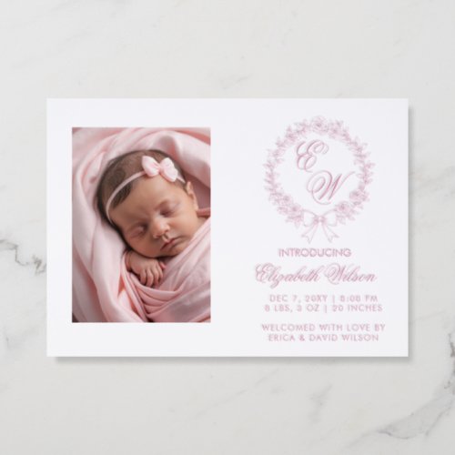 Pink Floral Monogram Baby Girl Birth Announcement