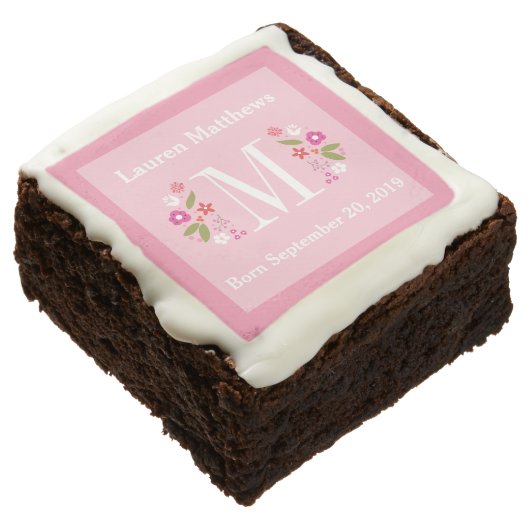 Pink Floral Monogram Baby Girl Birth Announcement Brownie (Angled)