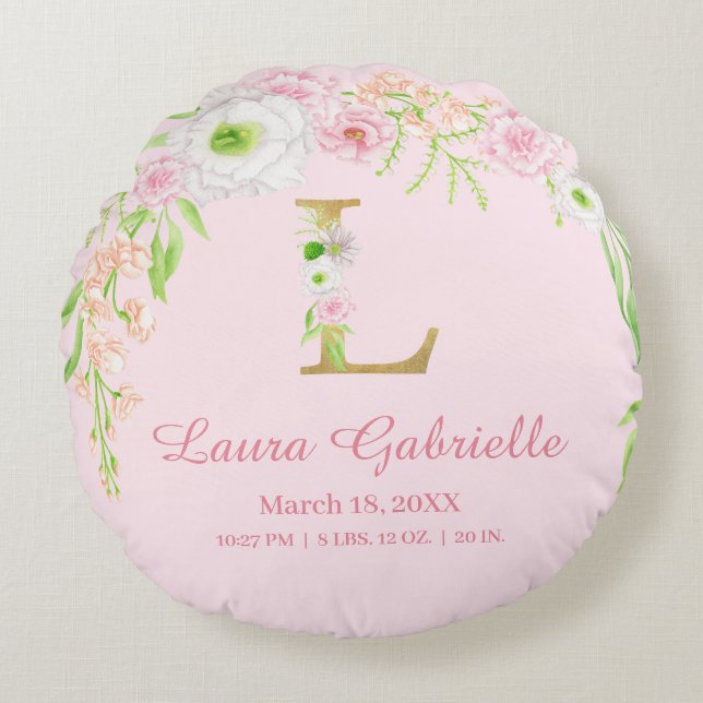  Pink Floral Monogram Baby Girl Stats Round Pillow (Front)