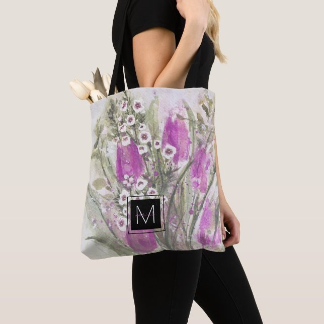 Pink floral monogram bridesmaid gift tote bag (Close Up)