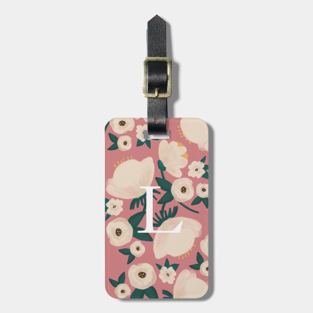 Pink Floral Monogram Chic Luggage Tag (Front Vertical)