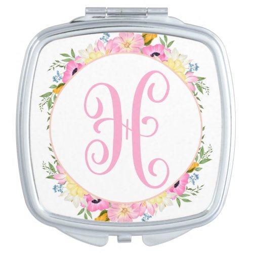 Pink Floral Monogram Compact Mirror