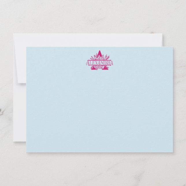 Pink Floral Monogram Custom Name Stationery Note Card (Back)