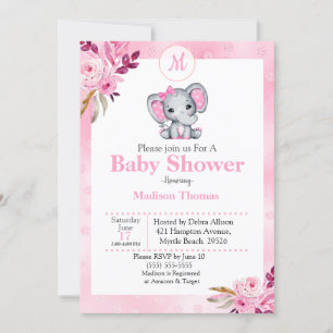Pink Floral Monogram Elephant Baby Shower Invitation