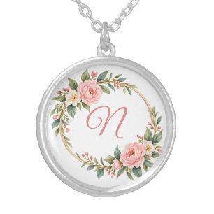 Pink Floral Monogram Frame Silver Plated Necklace
