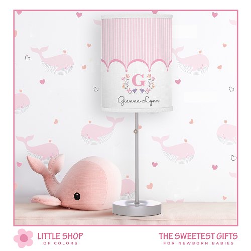 Pink Floral Monogram Girls Nursery Table Lamp