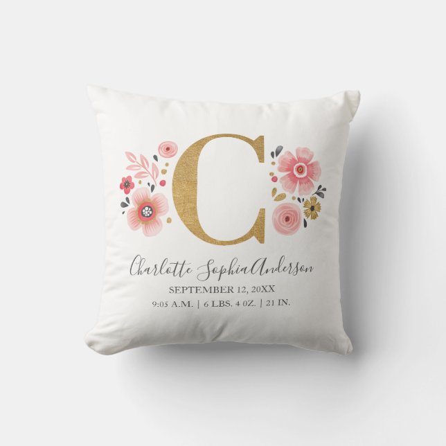 Pink Floral Monogram Initial Letter C Birth Stats Throw Pillow (Front)