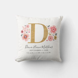Pink Floral Monogram Initial Letter D Birth Stats Throw Pillow
