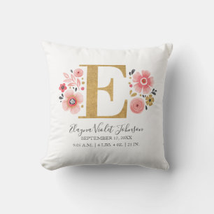 Pink Floral Monogram Initial Letter E Birth Stats Throw Pillow