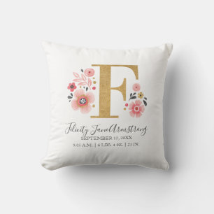 Pink Floral Monogram Initial Letter F Birth Stats Throw Pillow