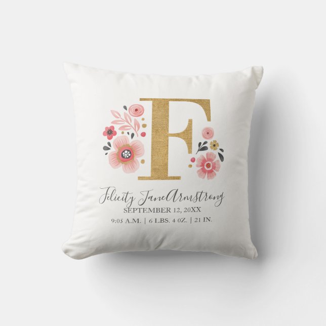 Pink Floral Monogram Initial Letter F Birth Stats Throw Pillow (Front)