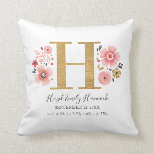 Pink Floral Monogram Initial Letter H Birth Stats Throw Pillow