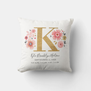 Pink Floral Monogram Initial Letter K Birth Stats Throw Pillow