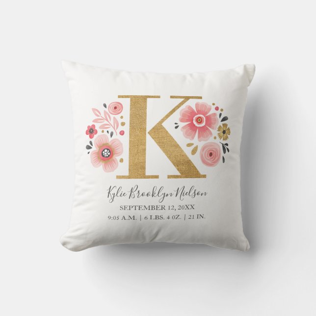 Pink Floral Monogram Initial Letter K Birth Stats Throw Pillow (Front)