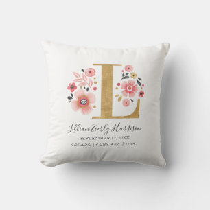 Pink Floral Monogram Initial Letter L Birth Stats Throw Pillow