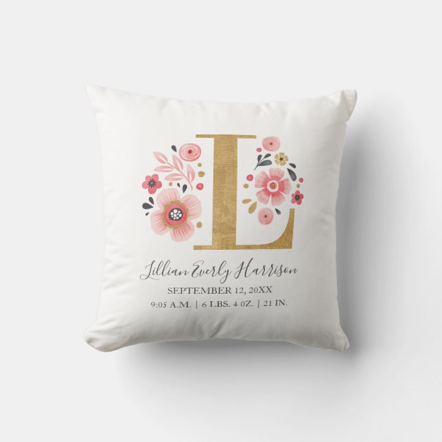 Pink Floral Monogram Initial Letter L Birth Stats Throw Pillow (Front)