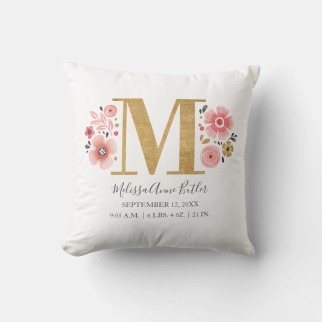 Pink Floral Monogram Initial Letter M Birth Stats Throw Pillow (Front)