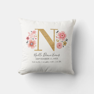Pink Floral Monogram Initial Letter N Birth Stats Throw Pillow
