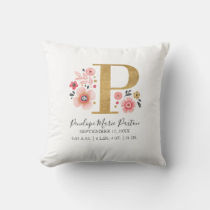 Pink Floral Monogram Initial Letter P Birth Stats Throw Pillow