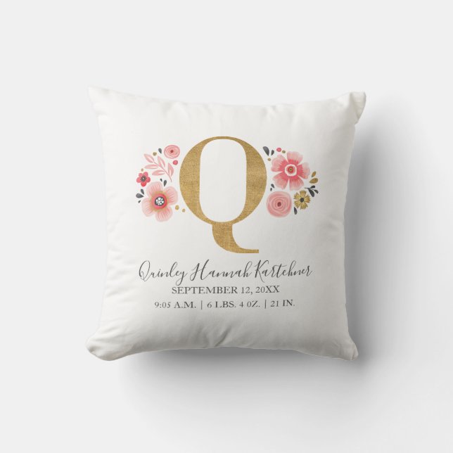 Pink Floral Monogram Initial Letter Q Birth Stats Throw Pillow (Front)