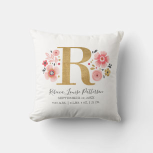 Pink Floral Monogram Initial Letter R Birth Stats Throw Pillow