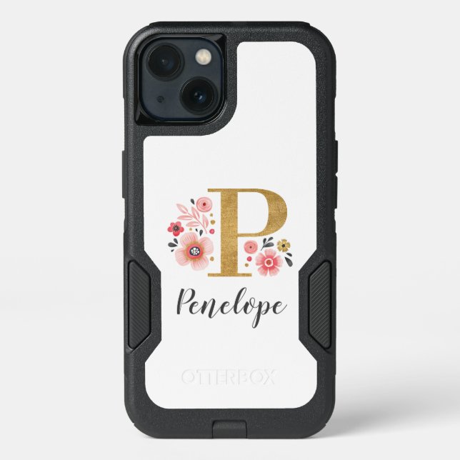 Pink Floral Monogram Letter P Otterbox iPhone Case (Back)