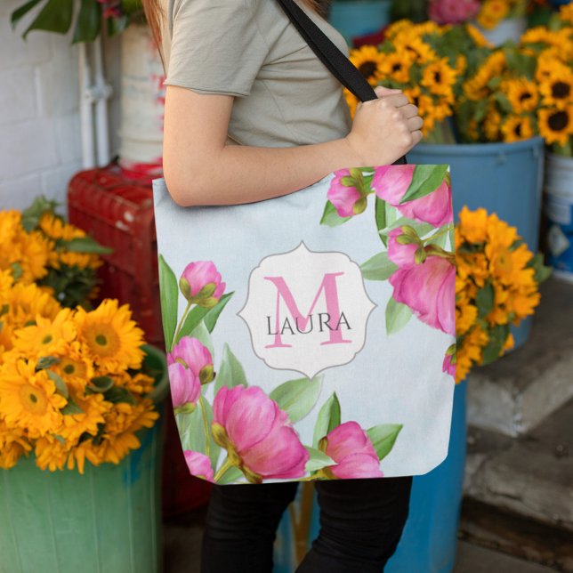 Pink Floral Monogram Name Personalized Tote Bag (Creator Uploaded)