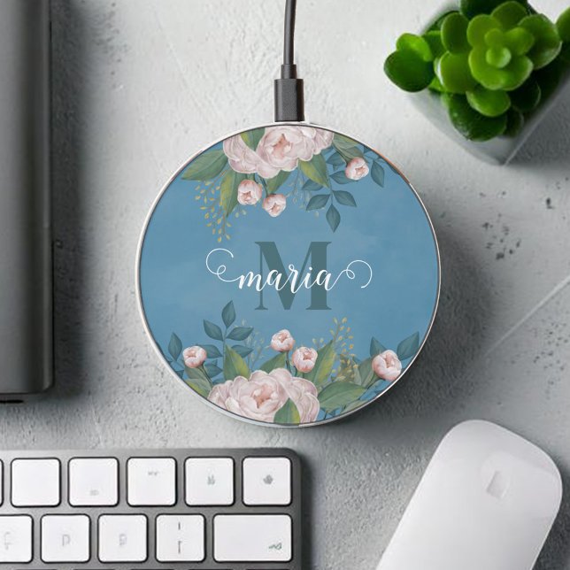 Pink Floral Monogram Personalized Wireless Charger (Blue and pink wireless phone charger. )