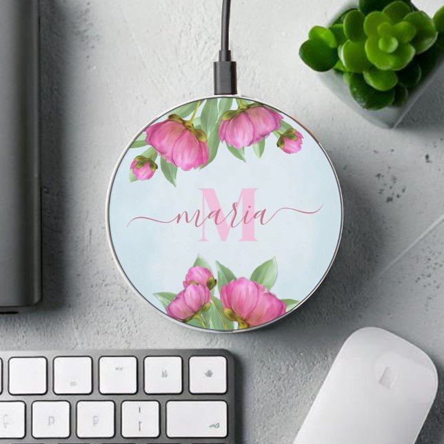 Pink Floral Monogram Personalized  Wireless Charger (Elegant pink and blue floral phone charger with monogram and name.)