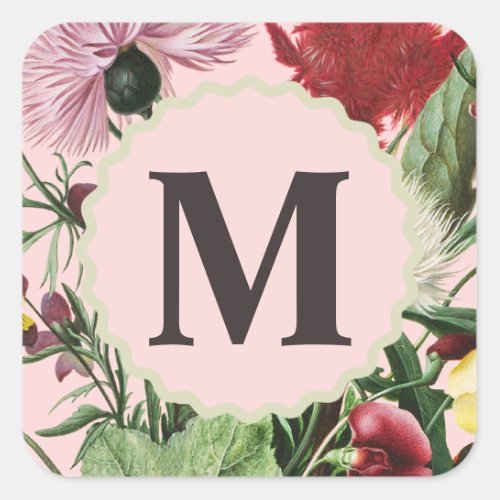 Pink Floral Monogram Square Sticker