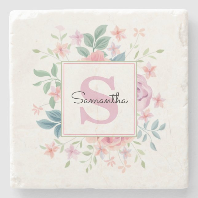 Pink Floral Monogram Stone Coaster (Front)