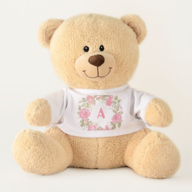 Pink Floral Monogram Teddy Bear (Front)