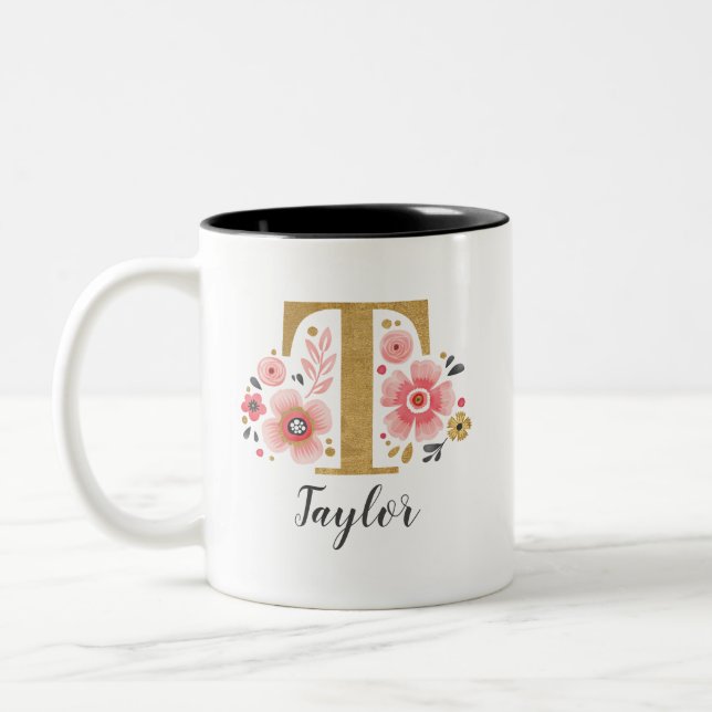 Pink Floral Monogram Two-Tone Coffee Mug (Left)