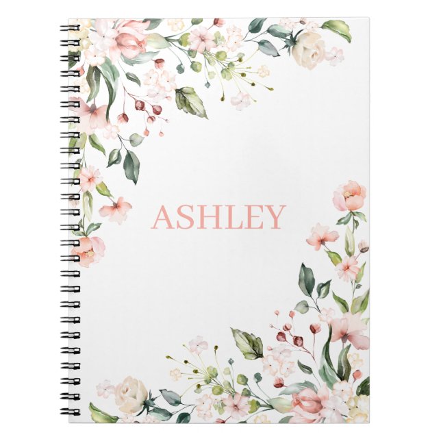 Pink Floral Monogram Watercolor Personalized Name Notebook (Front)