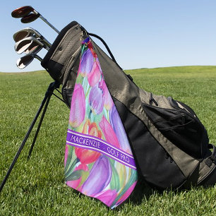PINK FLORAL Monogram WHITE TEXT Golf Towel