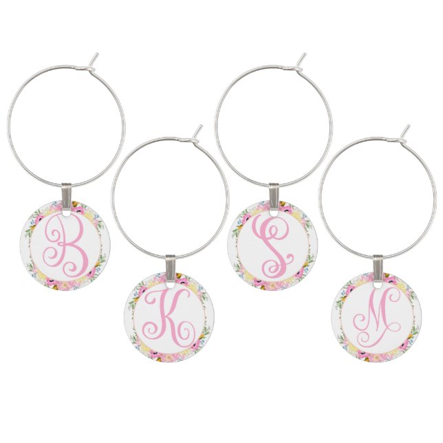 Pink Floral Monogram Wine Charms (Staggered)