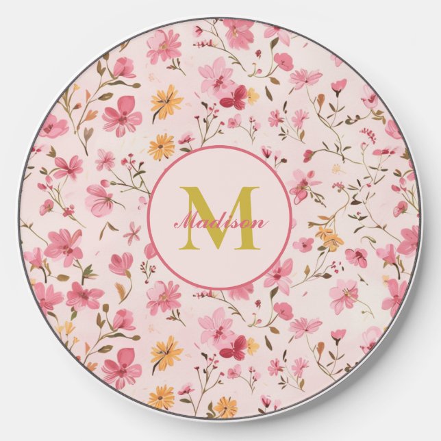 Pink Floral Monogram Wireless Charger (Front)