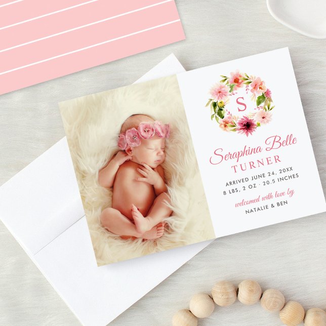 Pink Floral Monogram Wreath Baby Girl Photo Birth Announcement (Creator Uploaded)