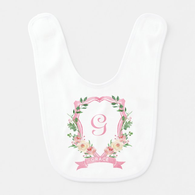 Pink Floral Monogrammed Crest Baby Bib (Front)