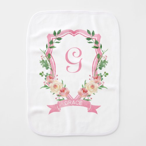 Pink Floral Monogrammed Crest Baby Burp Cloth