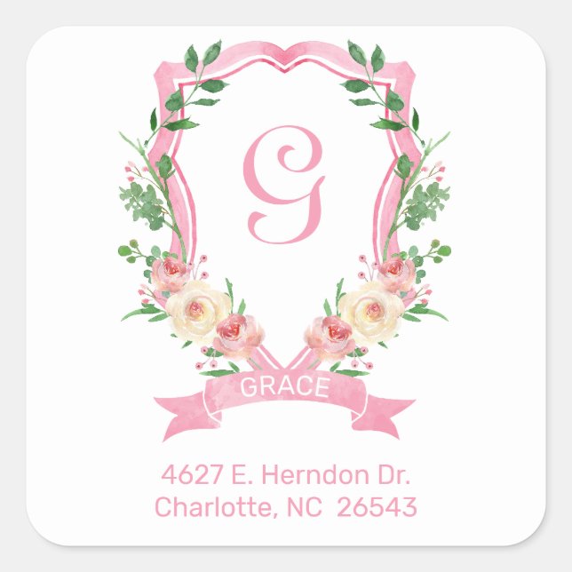 Pink Floral Monogrammed Crest Return Address Square Sticker (Front)