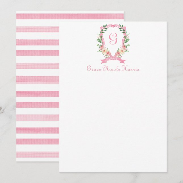 Pink Floral Monogrammed Crest Thank You Card (Front/Back)