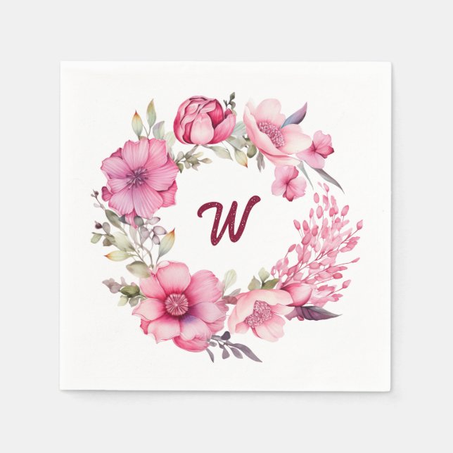 Pink Floral Monogrammed Initial  Napkins (Front)