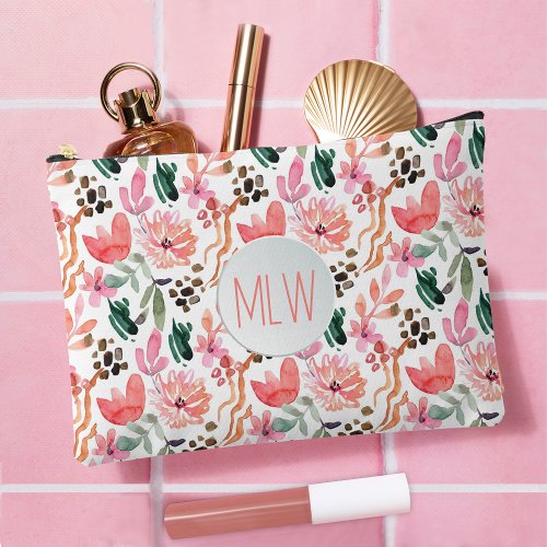 Pink Floral Monogrammed Large Accessory Pouch