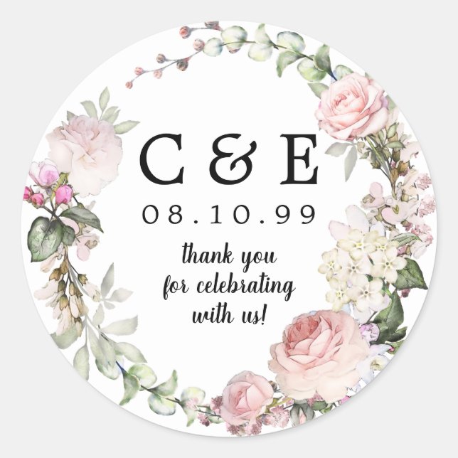 Pink Floral  Monogrammed Wedding Thank You Classic Round Sticker (Front)