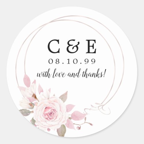 Pink Floral  Monogrammed Wedding Thank You Classic Round Sticker