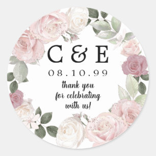 Pink Floral Monogrammed Wedding Thank You Classic Round Sticker